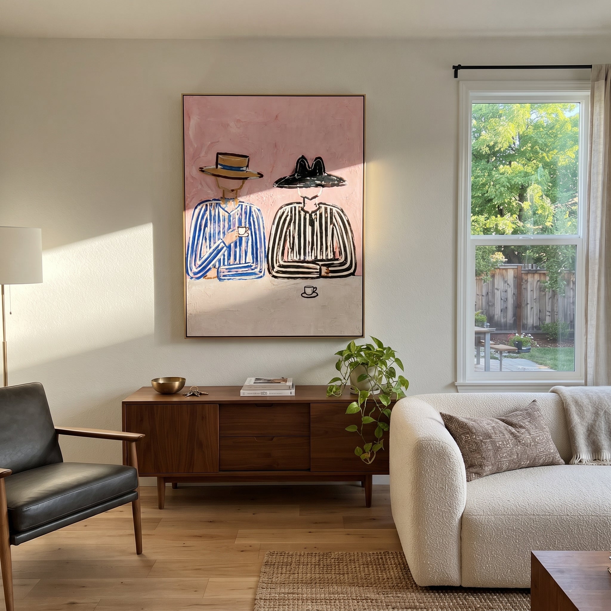 Blue Stripes Guard Coffee - striped coffee companion painting by Elliot Vale, modern figurative vertical wall art - styled room scene view 4
