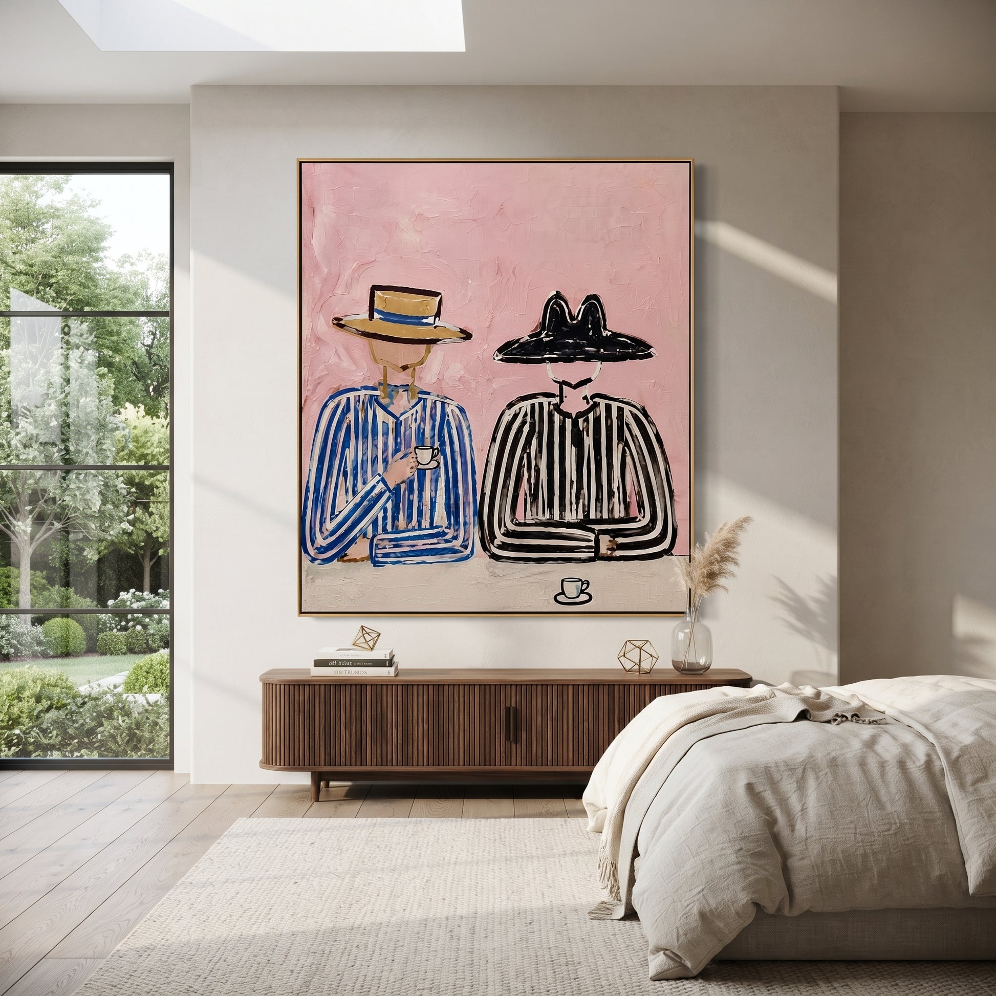 Blue Stripes Guard Coffee - striped coffee companion painting by Elliot Vale, modern figurative vertical wall art - styled room scene view 5