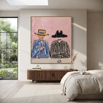 Blue Stripes Guard Coffee - striped coffee companion painting by Elliot Vale, modern figurative vertical wall art - styled room scene view 5