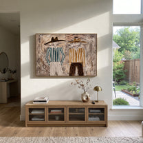 Green Stripes Meet Ochre - striped standing pair painting by Elliot Vale, modern figurative horizontal wall art - styled room scene view 1