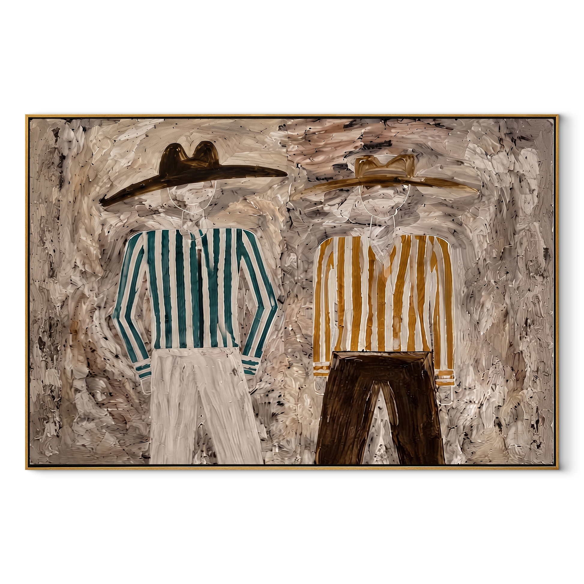 Green Stripes Meet Ochre - striped standing pair painting by Elliot Vale, modern figurative horizontal wall art - wood frame on white background