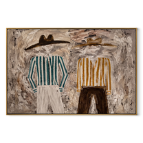 Green Stripes Meet Ochre - striped standing pair painting by Elliot Vale, modern figurative horizontal wall art - wood frame on white background