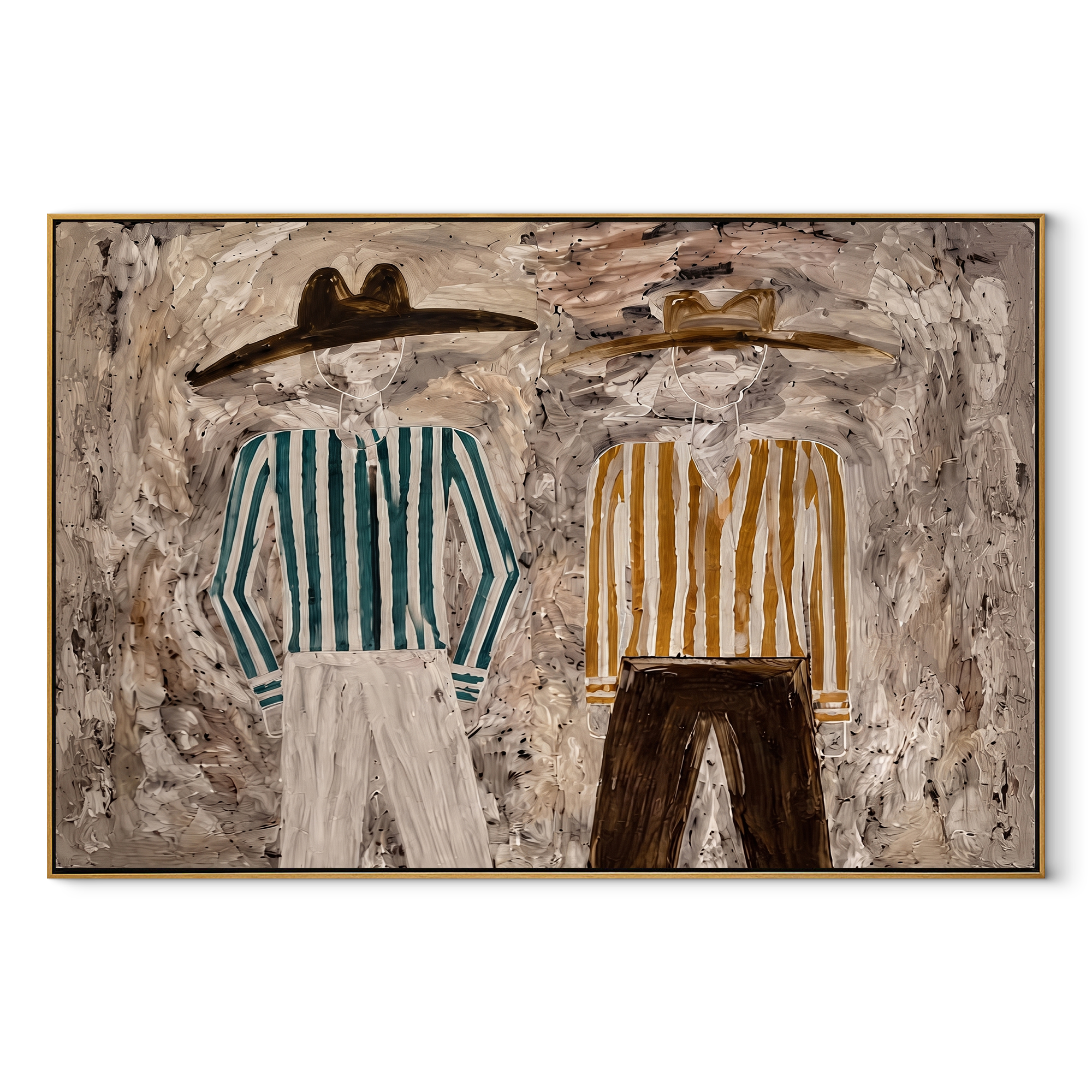 Green Stripes Meet Ochre - striped standing pair painting by Elliot Vale, modern figurative horizontal wall art - wood frame on white background