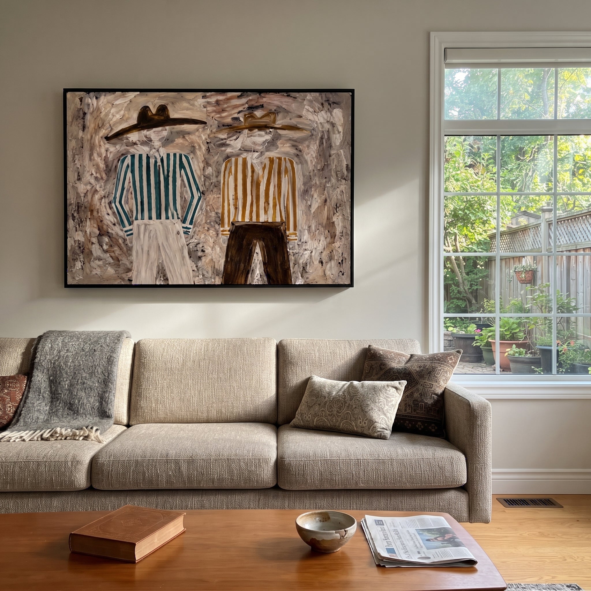 Green Stripes Meet Ochre - striped standing pair painting by Elliot Vale, modern figurative horizontal wall art - styled room scene view 2