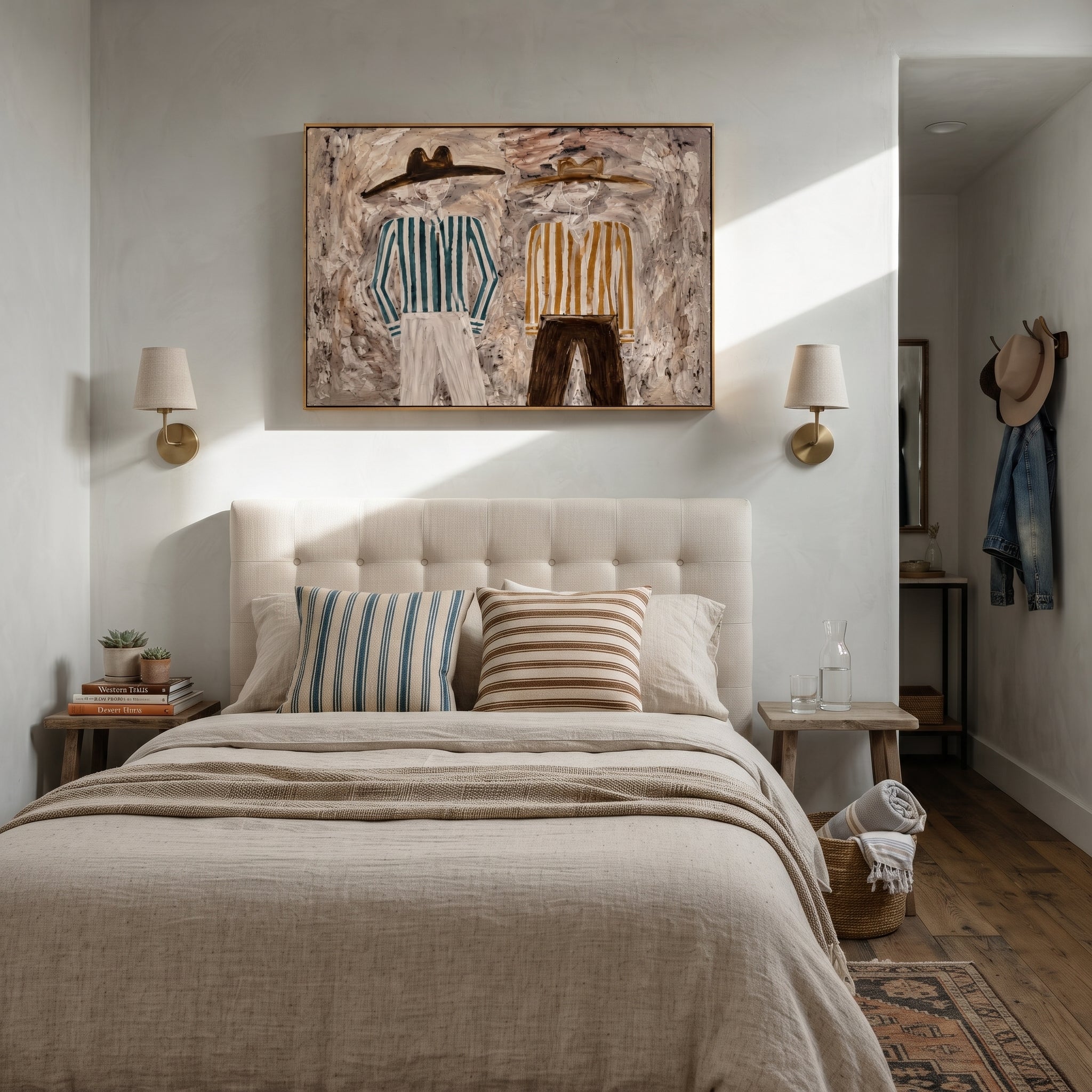Green Stripes Meet Ochre - striped standing pair painting by Elliot Vale, modern figurative horizontal wall art - styled room scene view 4