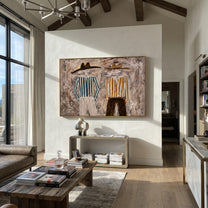 Green Stripes Meet Ochre - striped standing pair painting by Elliot Vale, modern figurative horizontal wall art - styled room scene view 5