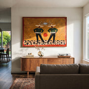 Twin Figures Frame Sun - geometric western pair painting by Elliot Vale, modern figurative horizontal wall art - styled room scene view 1
