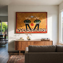 Twin Figures Frame Sun - geometric western pair painting by Elliot Vale, modern figurative horizontal wall art - styled room scene view 1