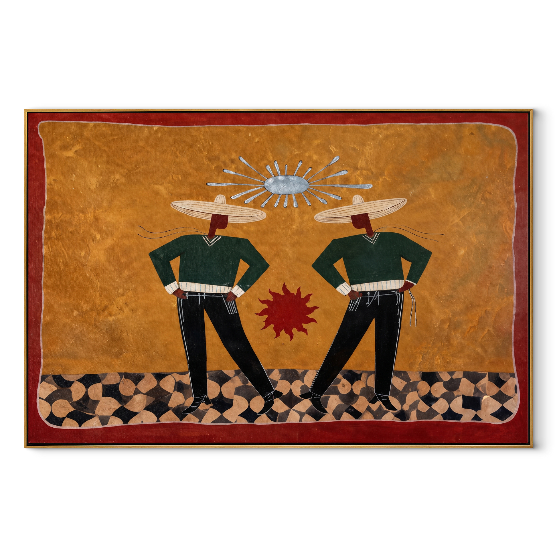 Twin Figures Frame Sun - geometric western pair painting by Elliot Vale, modern figurative horizontal wall art - wood frame on white background