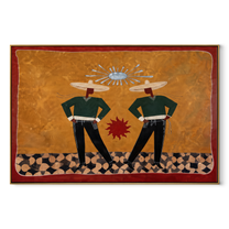 Twin Figures Frame Sun - geometric western pair painting by Elliot Vale, modern figurative horizontal wall art - wood frame on white background