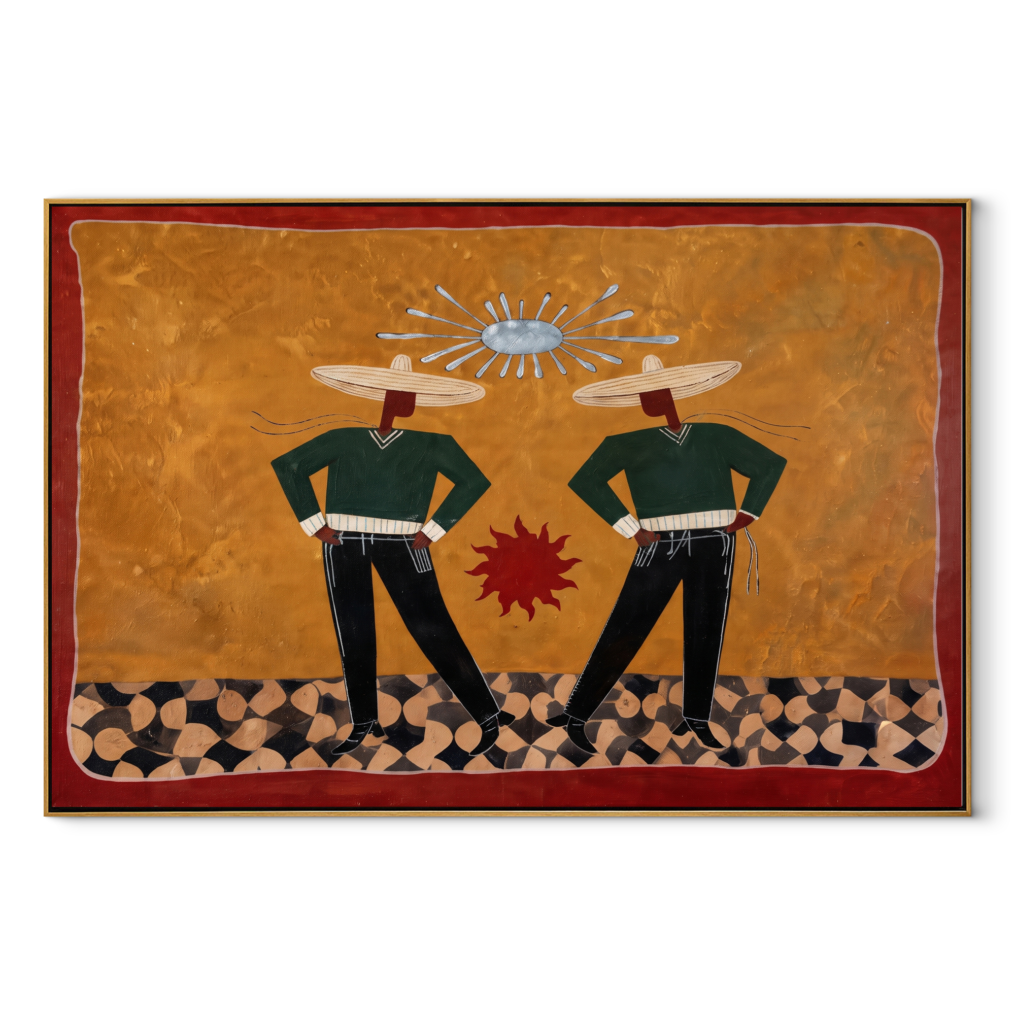 Twin Figures Frame Sun - geometric western pair painting by Elliot Vale, modern figurative horizontal wall art - wood frame on white background