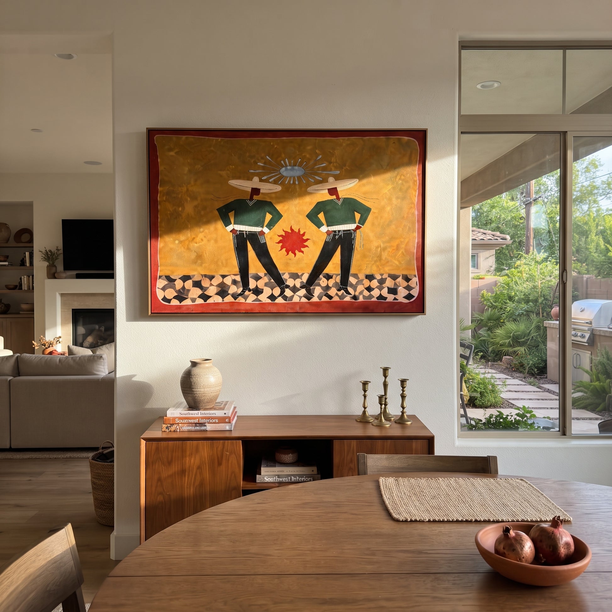 Twin Figures Frame Sun - geometric western pair painting by Elliot Vale, modern figurative horizontal wall art - styled room scene view 2