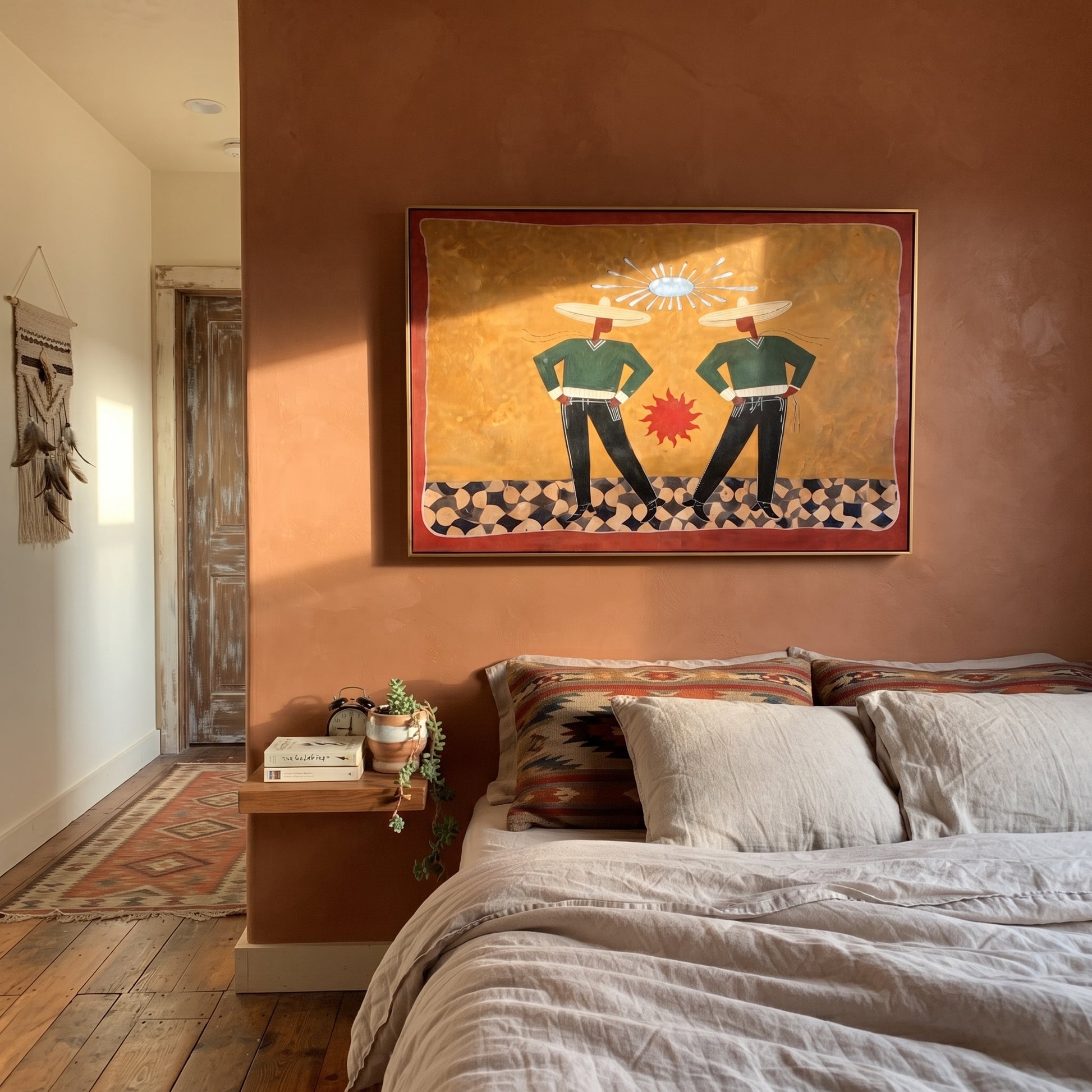 Twin Figures Frame Sun - geometric western pair painting by Elliot Vale, modern figurative horizontal wall art - styled room scene view 3