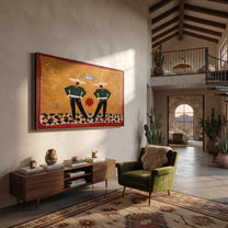Twin Figures Frame Sun - geometric western pair painting by Elliot Vale, modern figurative horizontal wall art - styled room scene view 4