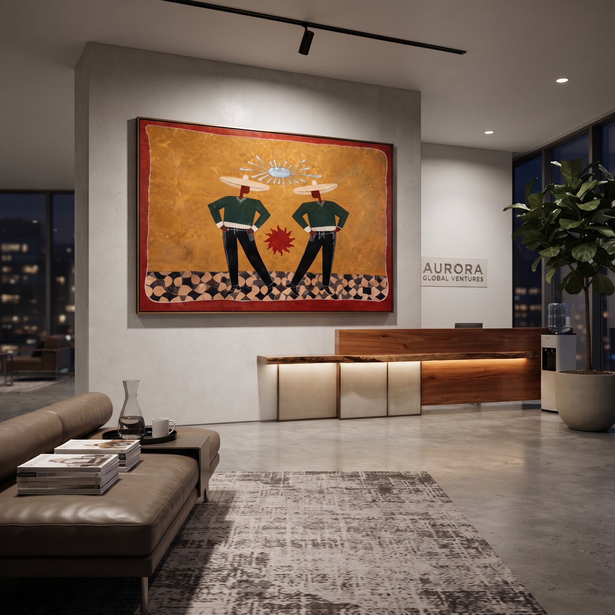 Twin Figures Frame Sun - geometric western pair painting by Elliot Vale, modern figurative horizontal wall art - styled room scene view 5
