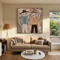 Ochre Stripes Weather Gray - striped standing pair painting by Elliot Vale, modern figurative square wall art - styled room scene view 1