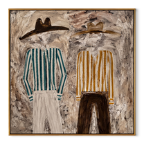 Ochre Stripes Weather Gray - striped standing pair painting by Elliot Vale, modern figurative square wall art - wood frame on white background