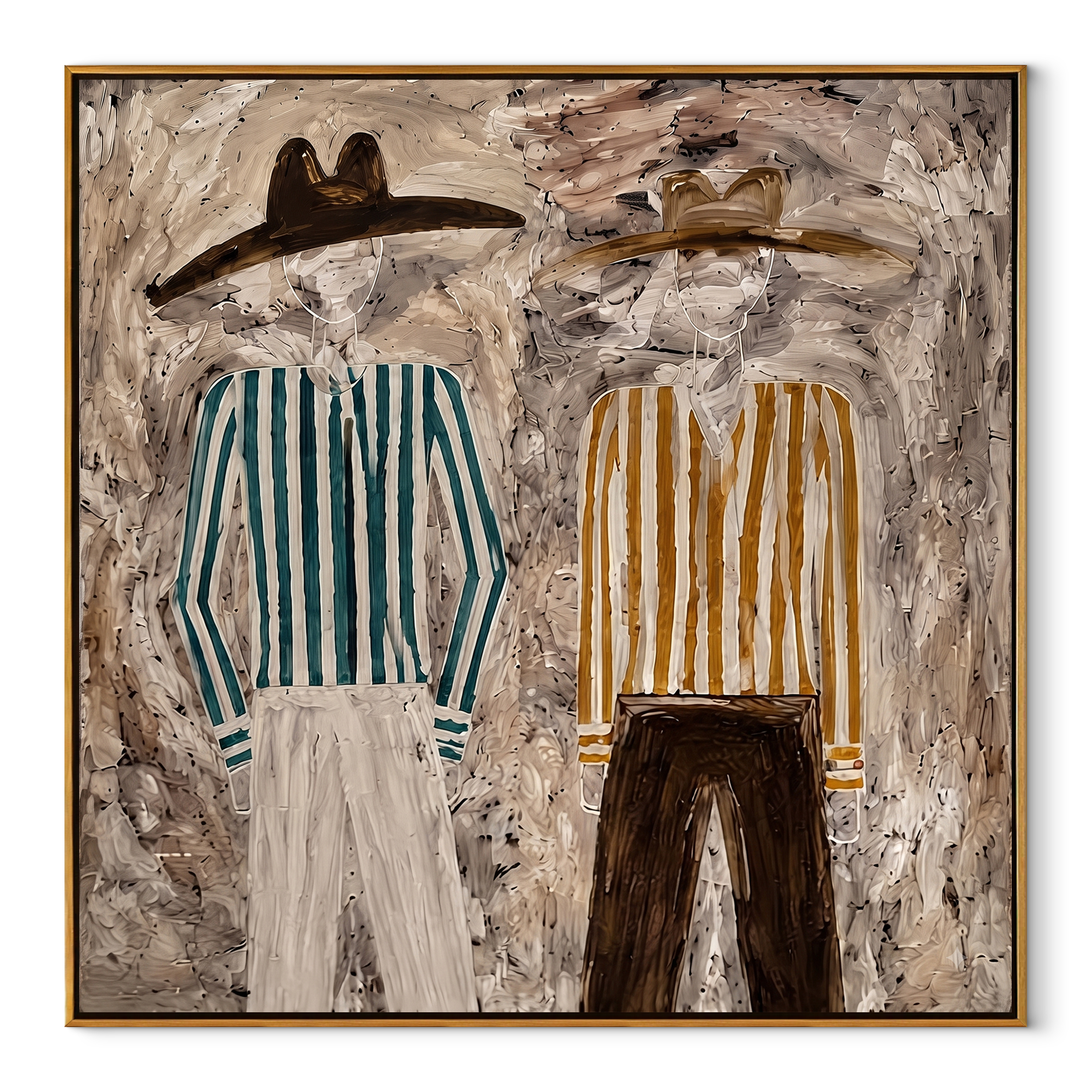 Ochre Stripes Weather Gray - striped standing pair painting by Elliot Vale, modern figurative square wall art - wood frame on white background