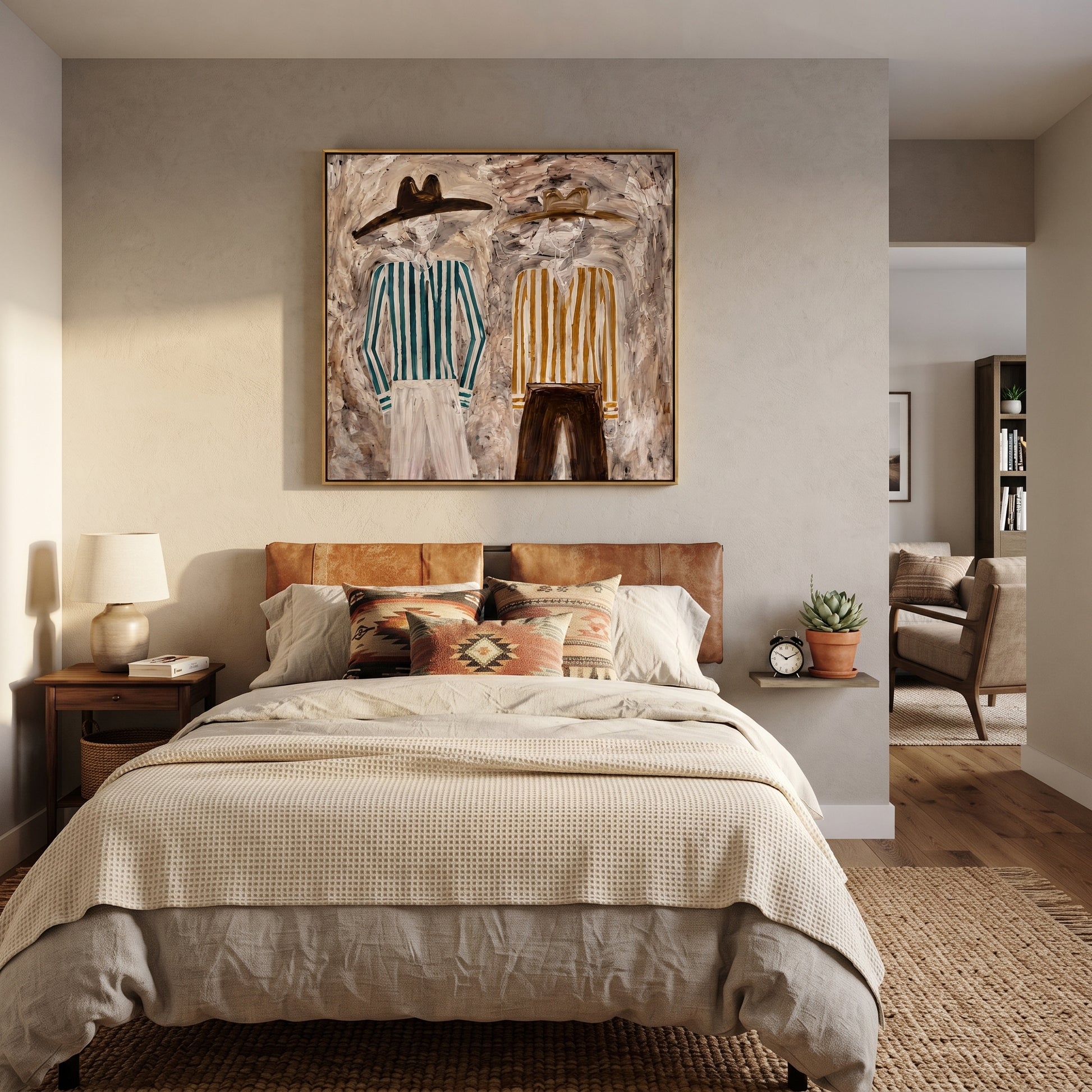Ochre Stripes Weather Gray - striped standing pair painting by Elliot Vale, modern figurative square wall art - styled room scene view 2