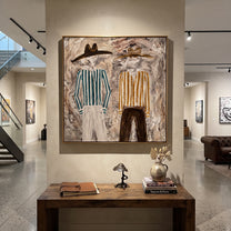 Ochre Stripes Weather Gray - striped standing pair painting by Elliot Vale, modern figurative square wall art - styled room scene view 3