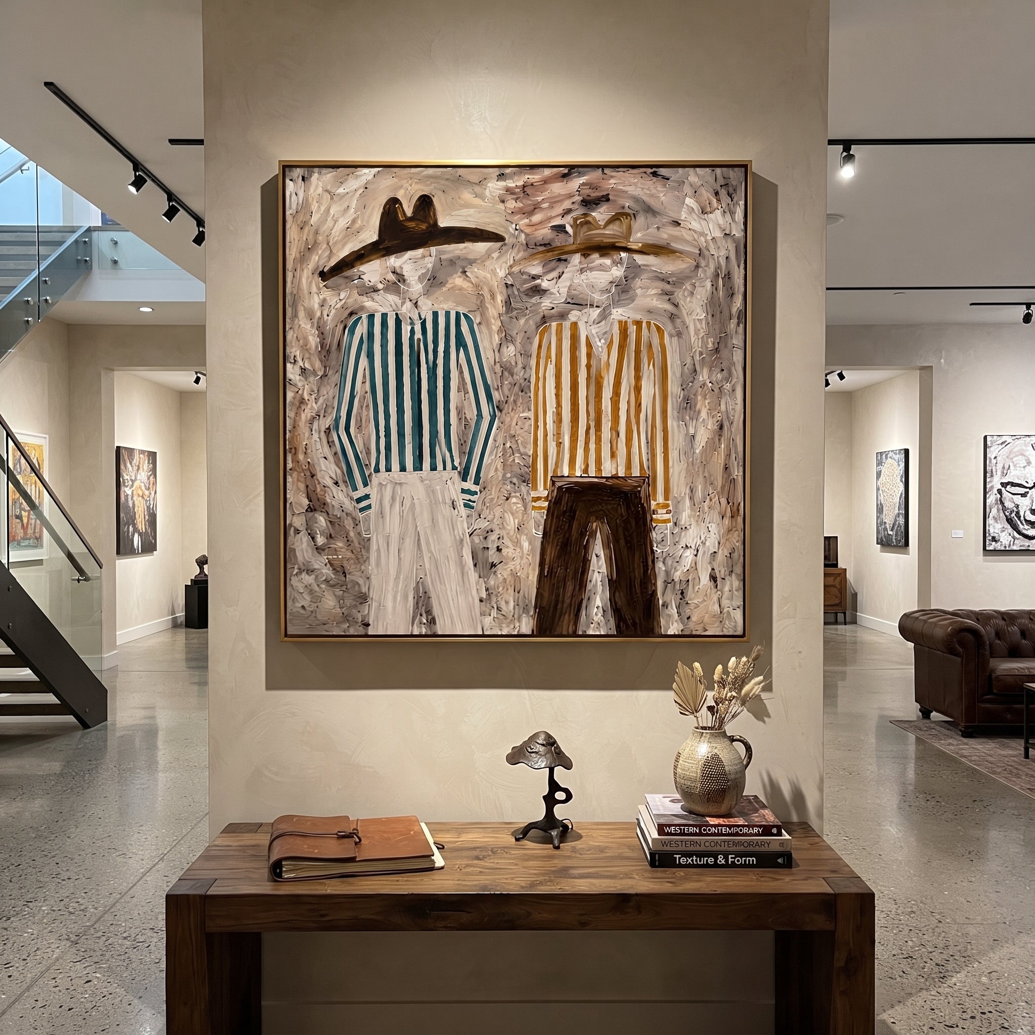 Ochre Stripes Weather Gray - striped standing pair painting by Elliot Vale, modern figurative square wall art - styled room scene view 3