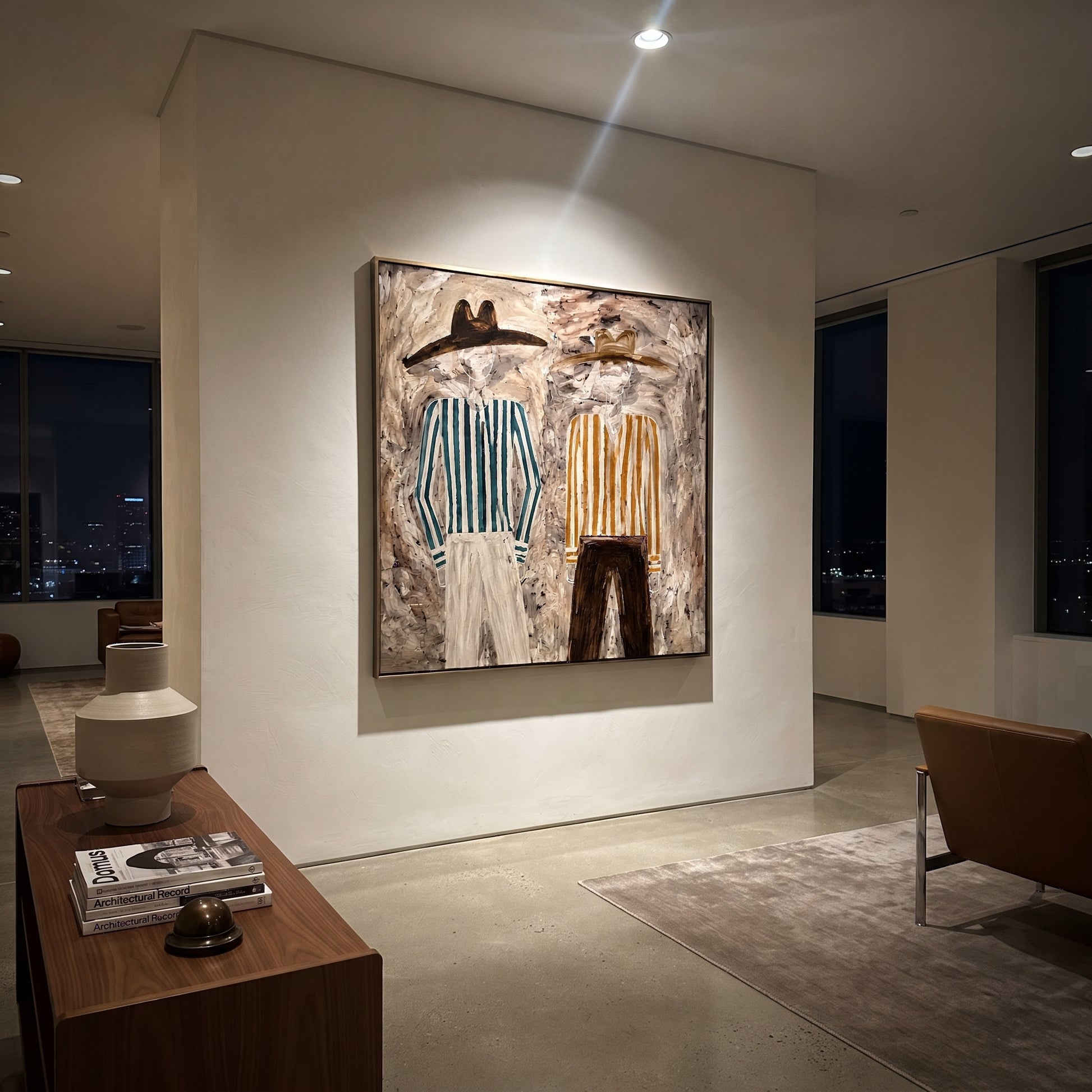 Ochre Stripes Weather Gray - striped standing pair painting by Elliot Vale, modern figurative square wall art - styled room scene view 4