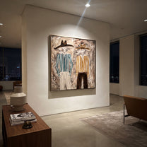 Ochre Stripes Weather Gray - striped standing pair painting by Elliot Vale, modern figurative square wall art - styled room scene view 4