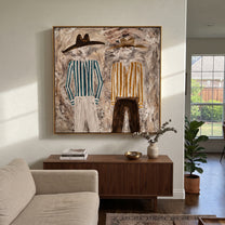 Ochre Stripes Weather Gray - striped standing pair painting by Elliot Vale, modern figurative square wall art - styled room scene view 5