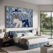 Blue Coats Cross Stillness - seated blue figure pair painting by Elliot Vale, modern figurative horizontal wall art - styled room scene view 1
