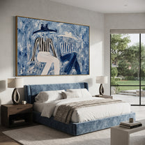 Blue Coats Cross Stillness - seated blue figure pair painting by Elliot Vale, modern figurative horizontal wall art - styled room scene view 1