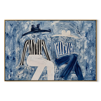 Blue Coats Cross Stillness - seated blue figure pair painting by Elliot Vale, modern figurative horizontal wall art - wood frame on white background