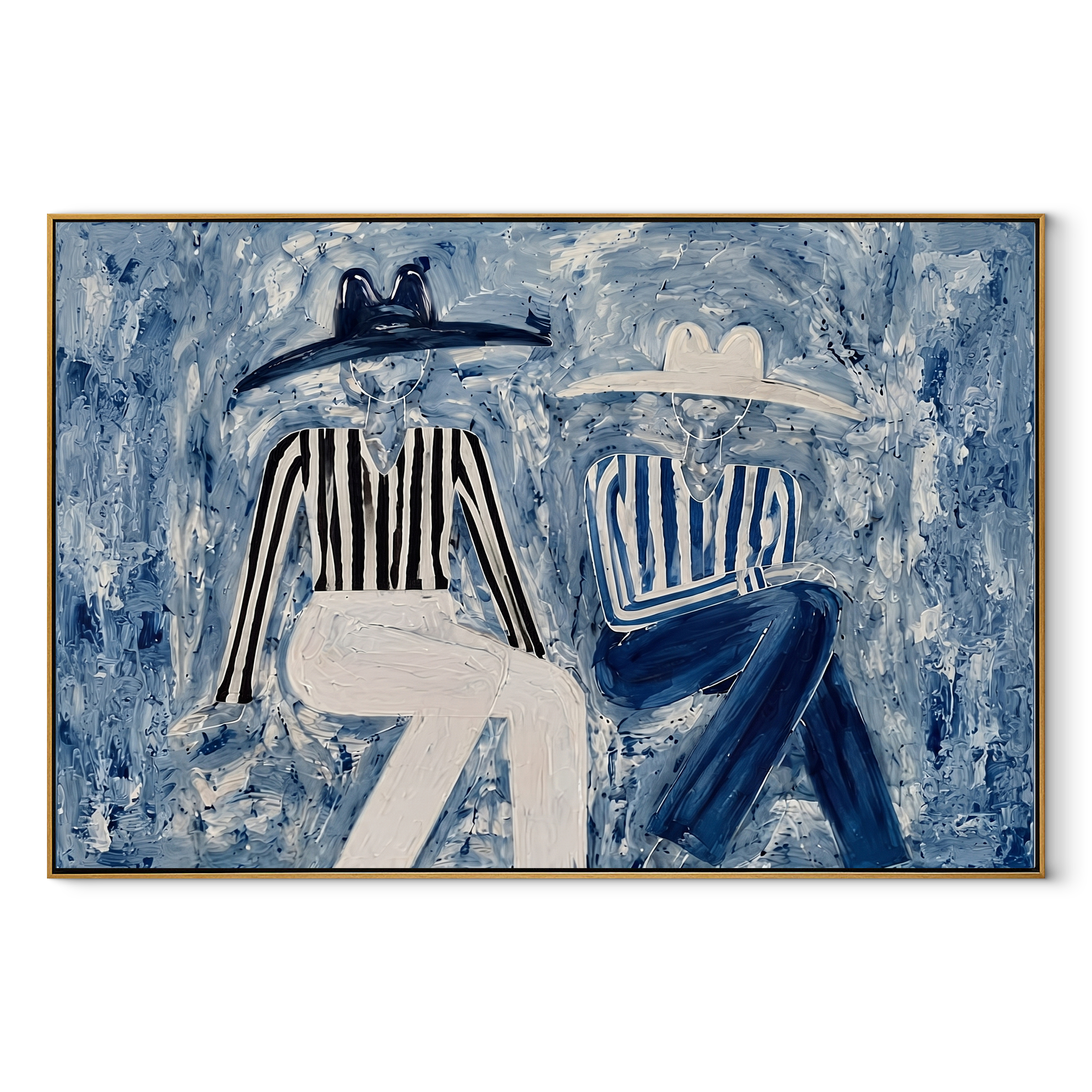 Blue Coats Cross Stillness - seated blue figure pair painting by Elliot Vale, modern figurative horizontal wall art - wood frame on white background