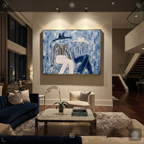 Blue Coats Cross Stillness - seated blue figure pair painting by Elliot Vale, modern figurative horizontal wall art - styled room scene view 3