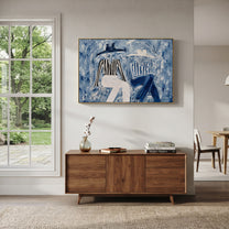 Blue Coats Cross Stillness - seated blue figure pair painting by Elliot Vale, modern figurative horizontal wall art - styled room scene view 4