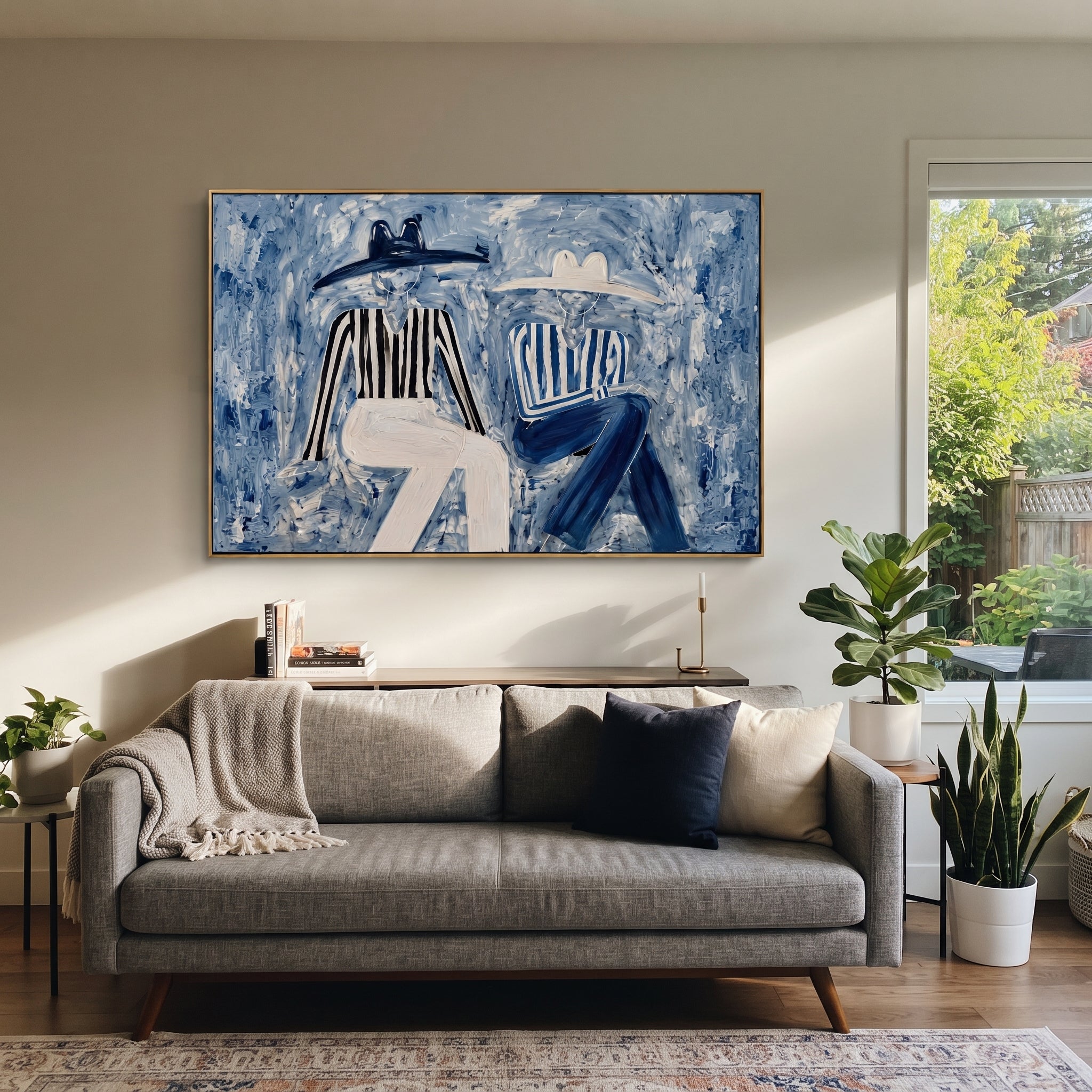 Blue Coats Cross Stillness - seated blue figure pair painting by Elliot Vale, modern figurative horizontal wall art - styled room scene view 5