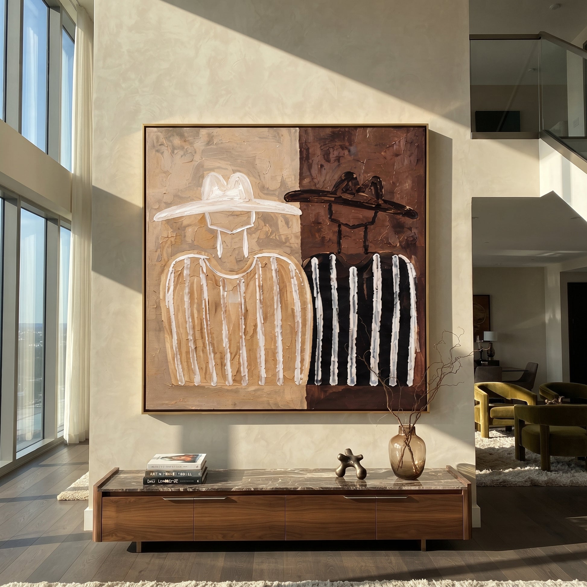 White Stripes Divide Brown - two tone figure pair painting by Elliot Vale, modern figurative square wall art - styled room scene view 1
