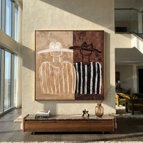 White Stripes Divide Brown - two tone figure pair painting by Elliot Vale, modern figurative square wall art - styled room scene view 1