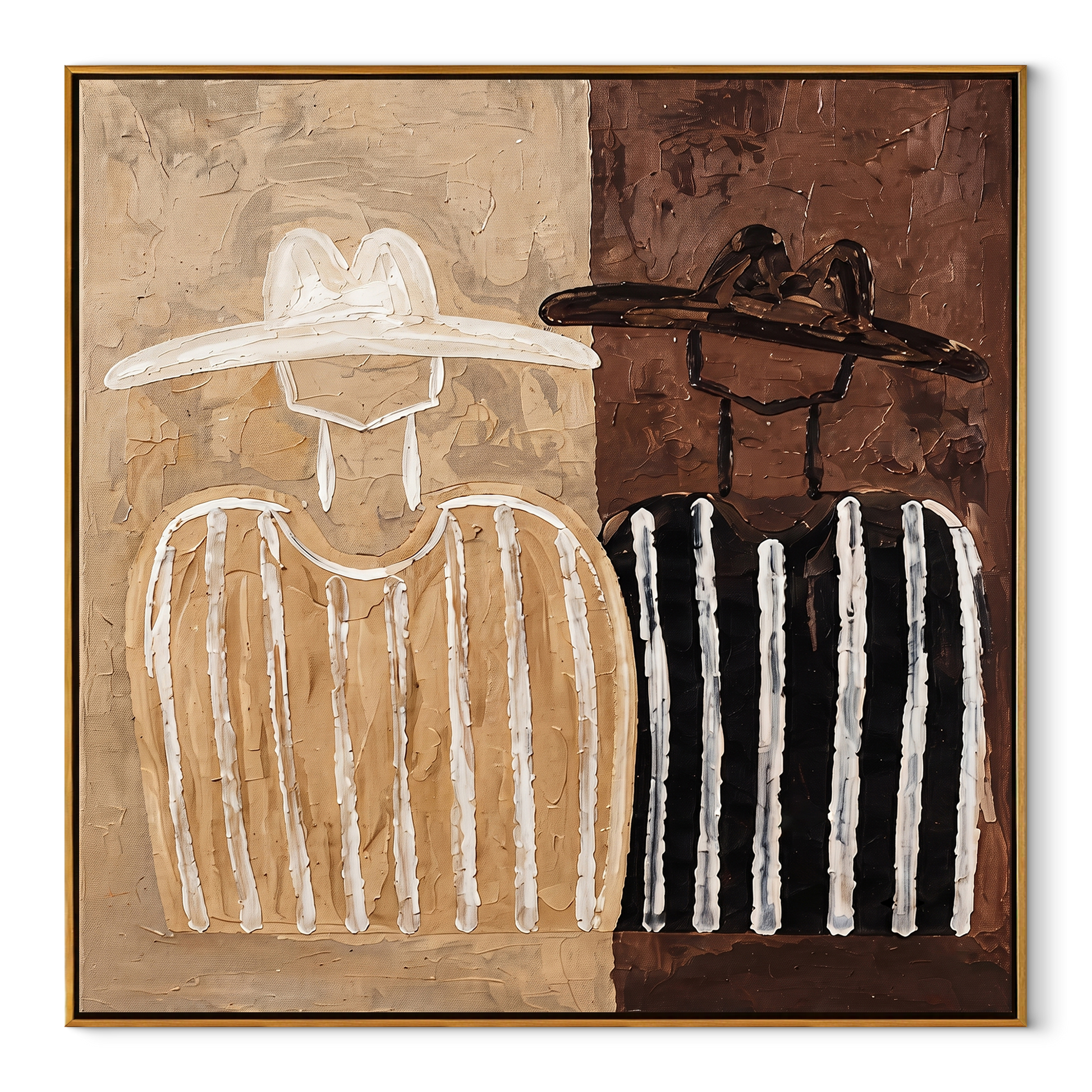 White Stripes Divide Brown - two tone figure pair painting by Elliot Vale, modern figurative square wall art - wood frame on white background