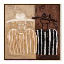 White Stripes Divide Brown - two tone figure pair painting by Elliot Vale, modern figurative square wall art - wood frame on white background