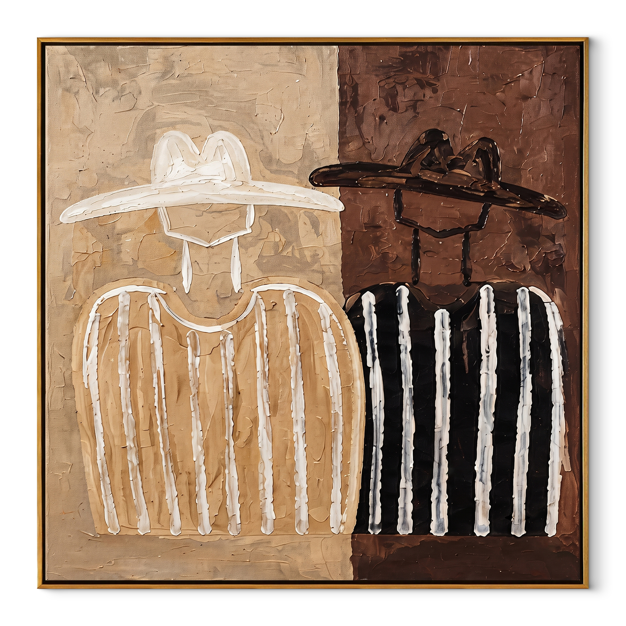 White Stripes Divide Brown - two tone figure pair painting by Elliot Vale, modern figurative square wall art - wood frame on white background