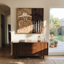 White Stripes Divide Brown - two tone figure pair painting by Elliot Vale, modern figurative square wall art - styled room scene view 2