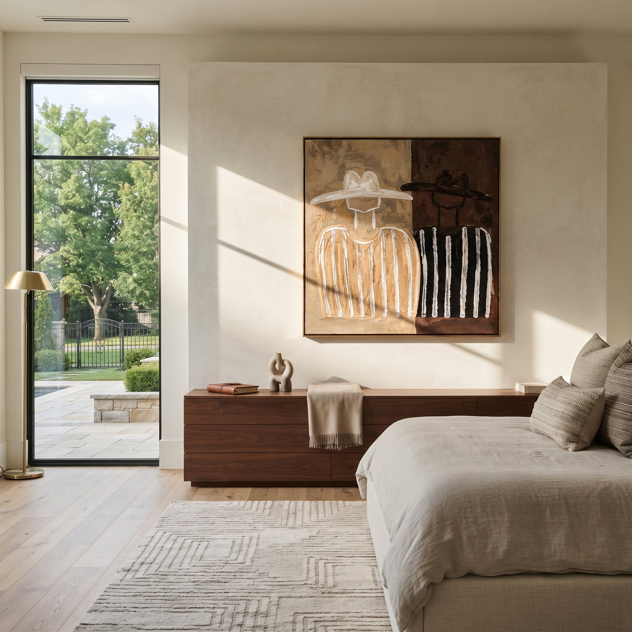 White Stripes Divide Brown - two tone figure pair painting by Elliot Vale, modern figurative square wall art - styled room scene view 3