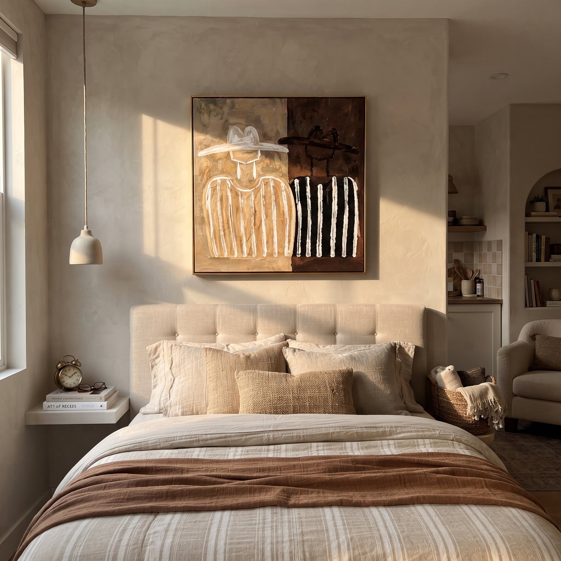 White Stripes Divide Brown - two tone figure pair painting by Elliot Vale, modern figurative square wall art - styled room scene view 5