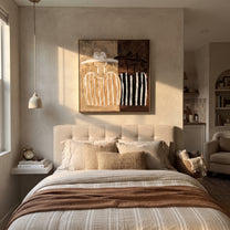 White Stripes Divide Brown - two tone figure pair painting by Elliot Vale, modern figurative square wall art - styled room scene view 5