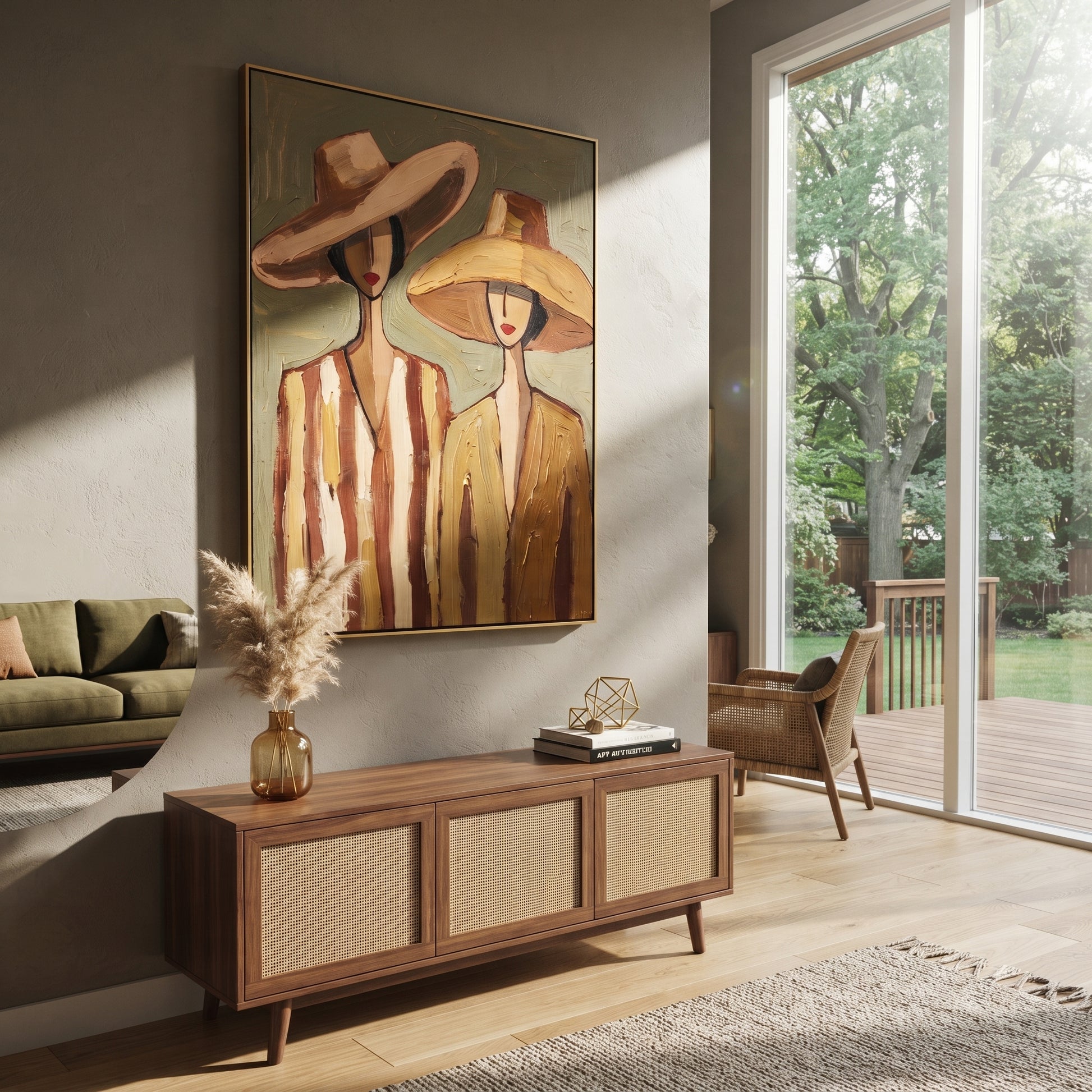 Wide Hats Share Olive - neutral hat figure pair painting by Elliot Vale, modern figurative vertical wall art - styled room scene view 1