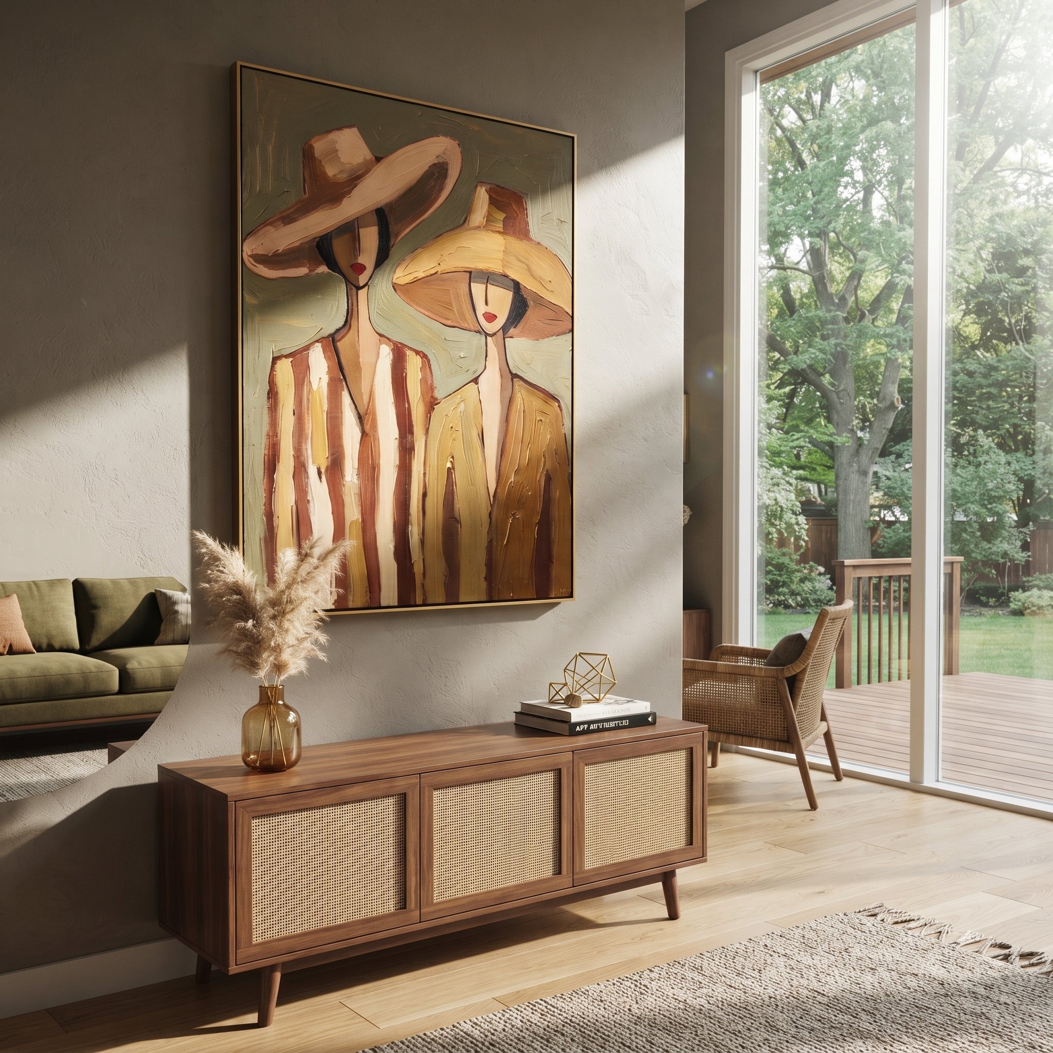 Wide Hats Share Olive - neutral hat figure pair painting by Elliot Vale, modern figurative vertical wall art - styled room scene view 1