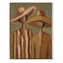 Wide Hats Share Olive - neutral hat figure pair painting by Elliot Vale, modern figurative vertical wall art - wood frame on white background