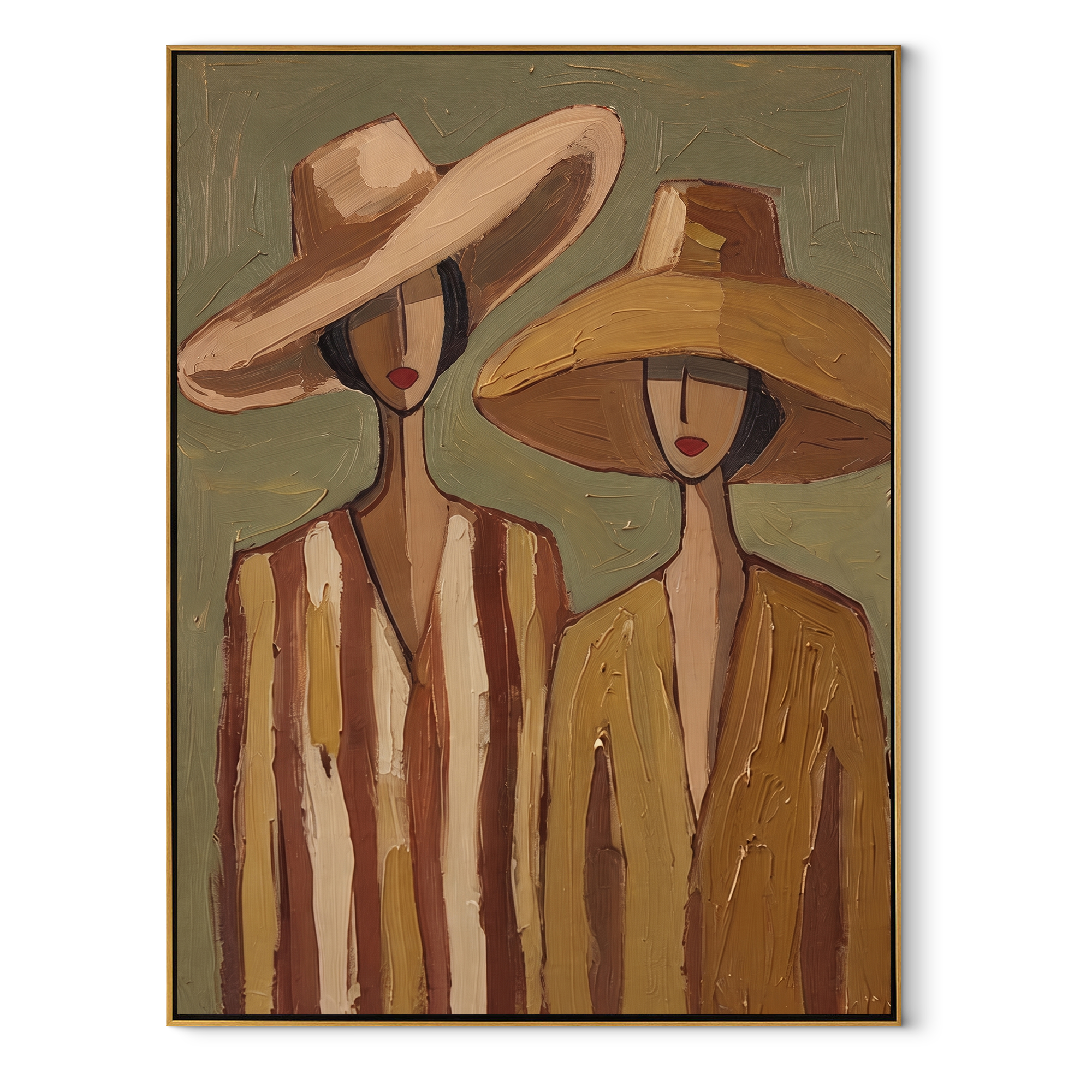 Wide Hats Share Olive - neutral hat figure pair painting by Elliot Vale, modern figurative vertical wall art - wood frame on white background