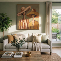 Wide Hats Share Olive - neutral hat figure pair painting by Elliot Vale, modern figurative vertical wall art - styled room scene view 2