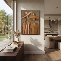 Wide Hats Share Olive - neutral hat figure pair painting by Elliot Vale, modern figurative vertical wall art - styled room scene view 3